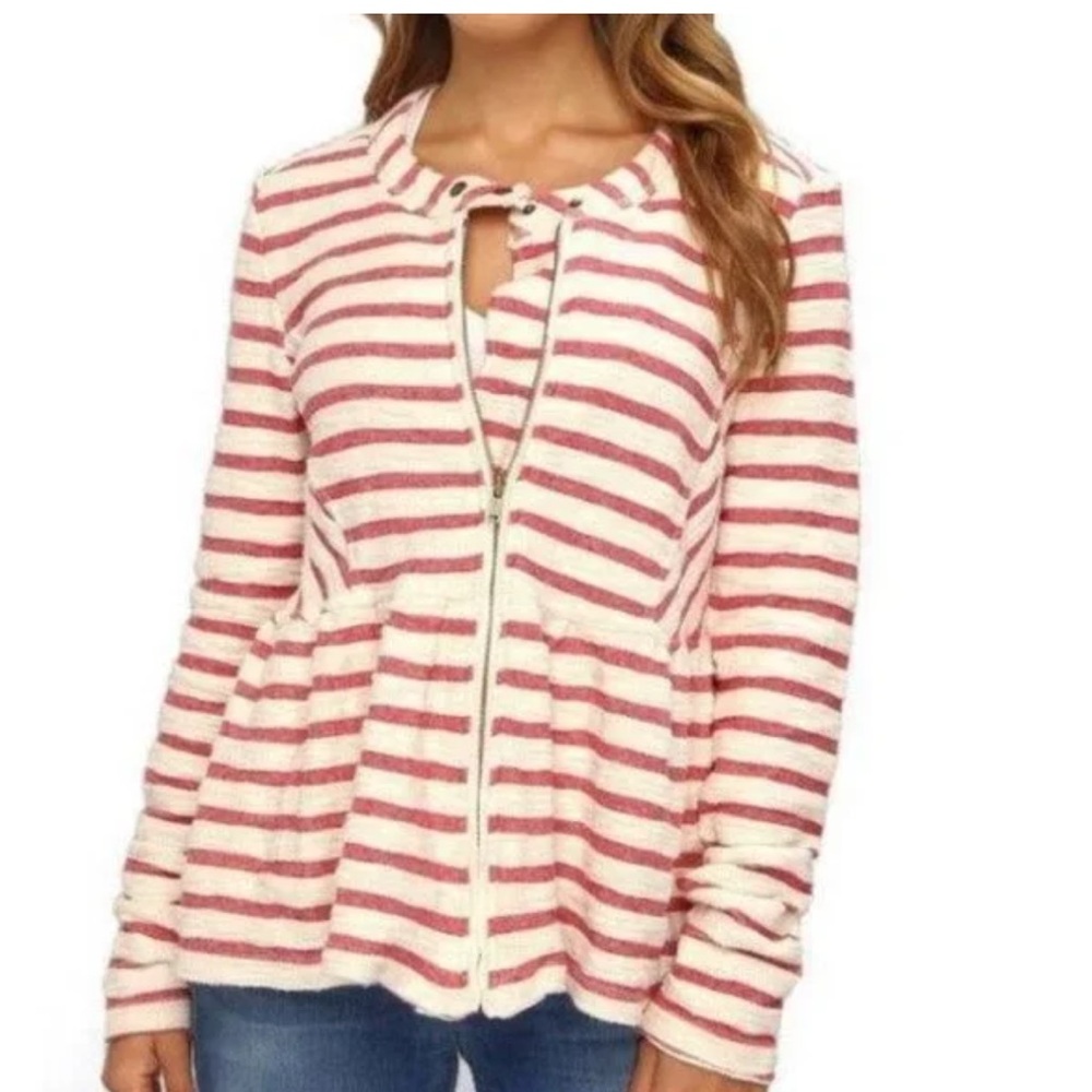 Free People STRIPED PEPLUM JACKET red & white striped jacket‎ size small